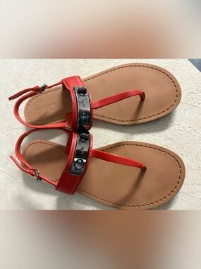 Coach Red Leather T-Strap Sandals with Gunmetal Hardware